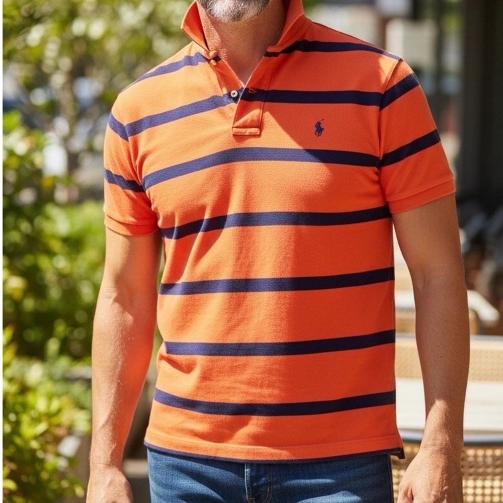 Polo Ralph Lauren Mens Large Orange Navy Blue Striped Short Sleeve Polo Shirt